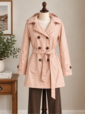 Blush Pink Hooded Trench Coat S Belted Coquette Parisian Preppy Raincoat